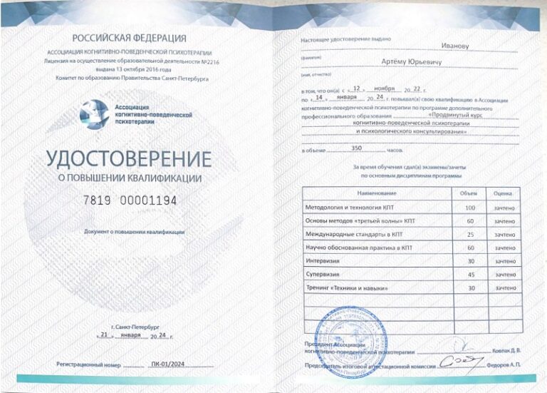Диплом продвинутого курса КПТ